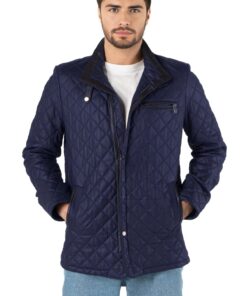 Asher Men’s Navy-Blue Leather Diamond Quilted Jacket