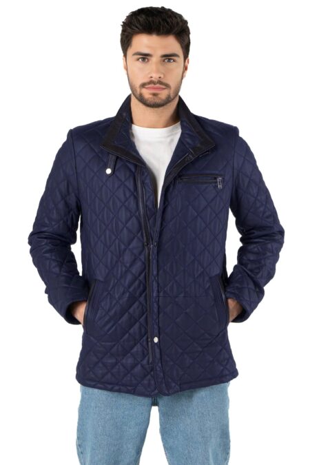Asher Men’s Navy-Blue Leather Diamond Quilted Jacket