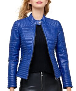 Baldwin Women’s Blue Leather Biker Style Jacket