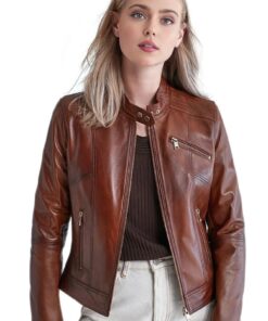 Adriana Lima Brown Leather Motorcycle Jacket For Women