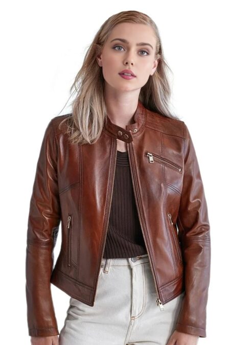 Adriana Lima Brown Leather Motorcycle Jacket For Women