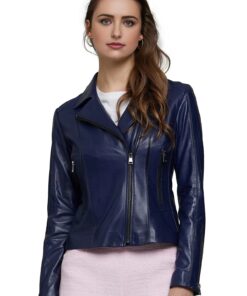Ashley Graham Real Navy-Blue Leather Jacket For Women