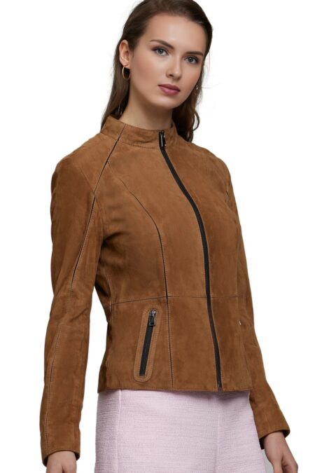 Adriana Lima Women’s Milk Chocolate Leather Suede Classic Jacket
