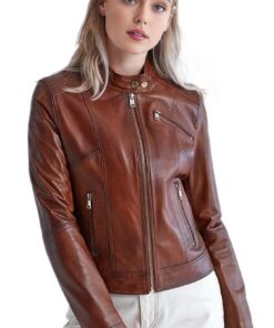 Alternative view of Adriana Lima Brown Leather Motorcycle Jacket For Women