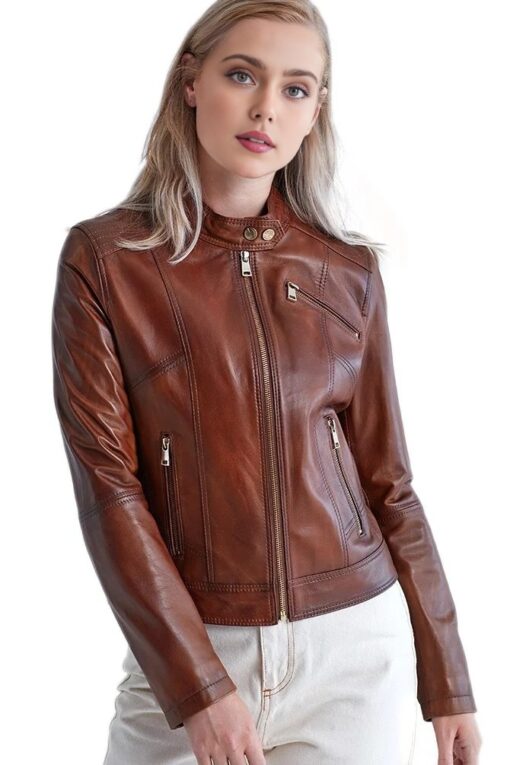 Adriana Lima Brown Leather Motorcycle Jacket For Women - Image 2