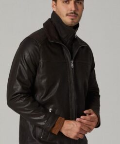 Alternative view of Dark Brown Rib-stitched Long Leather Jacket for Men