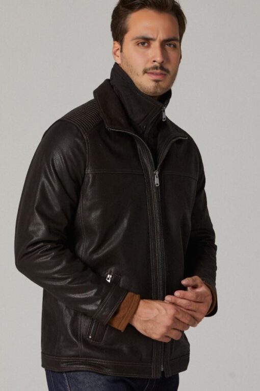 Dark Brown Rib-stitched Long Leather Jacket for Men - Image 2