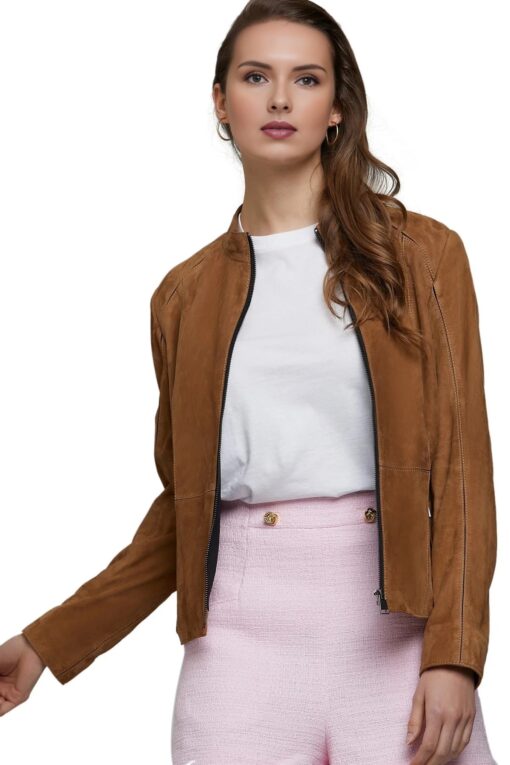 Adriana Lima Women’s Milk Chocolate Leather Suede Classic Jacket - Image 3