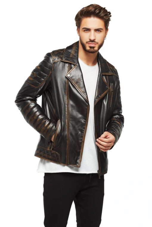 Black Distressed Leather Jacket For Men - Image 2