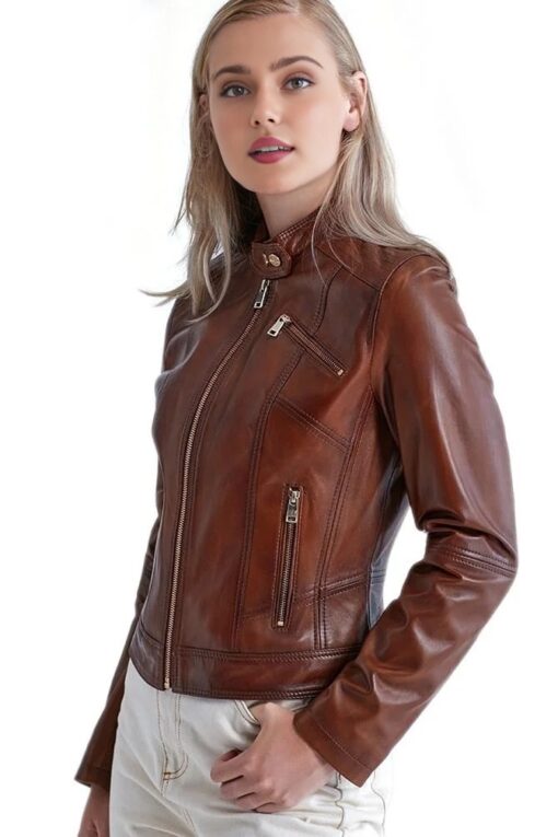 Adriana Lima Brown Leather Motorcycle Jacket For Women - Image 3