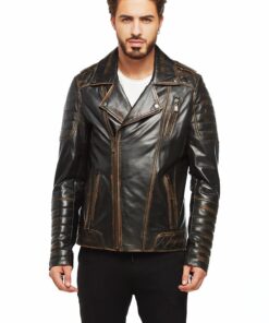 Black Distressed Leather Jacket For Men