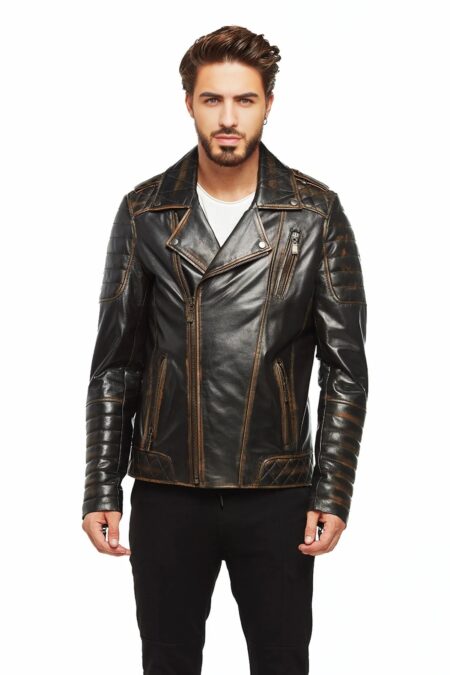 Black Distressed Leather Jacket For Men