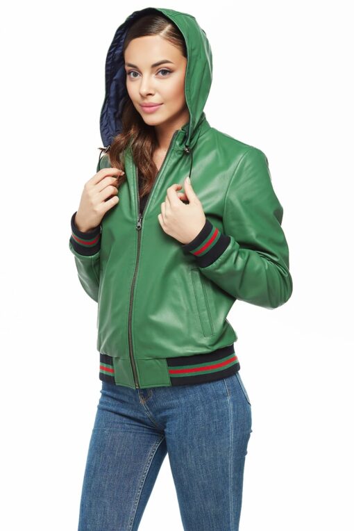Ava Women’s Green Leather Bomber Reversible Jacket - Image 3