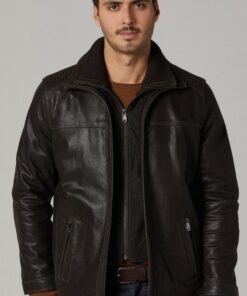 Dark Brown Rib-stitched Long Leather Jacket for Men