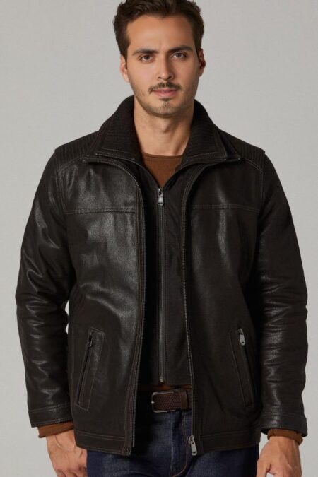 Dark Brown Rib-stitched Long Leather Jacket for Men