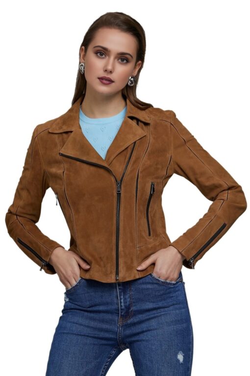 Barbara Women’s 100% Real Camel Brown Leather Suede Jacket - Image 2