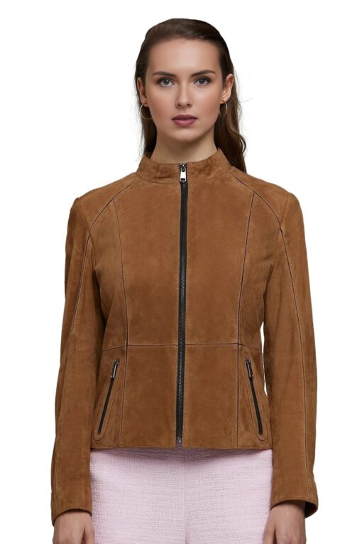 Adriana Lima Women’s Milk Chocolate Leather Suede Classic Jacket - Image 2
