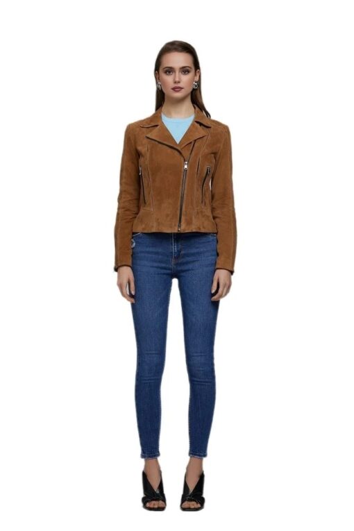 Barbara Women’s 100% Real Camel Brown Leather Suede Jacket